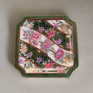 Octagonal Andrea Sadek Asian Floral Cloisonne Hand Painted Plate Gold Accents